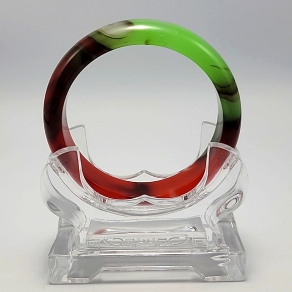 VTG Inspired Abstract Jade Bangle Chicken Blood Red & Golden Silk Glass Bracelet - Picture 2 of 11